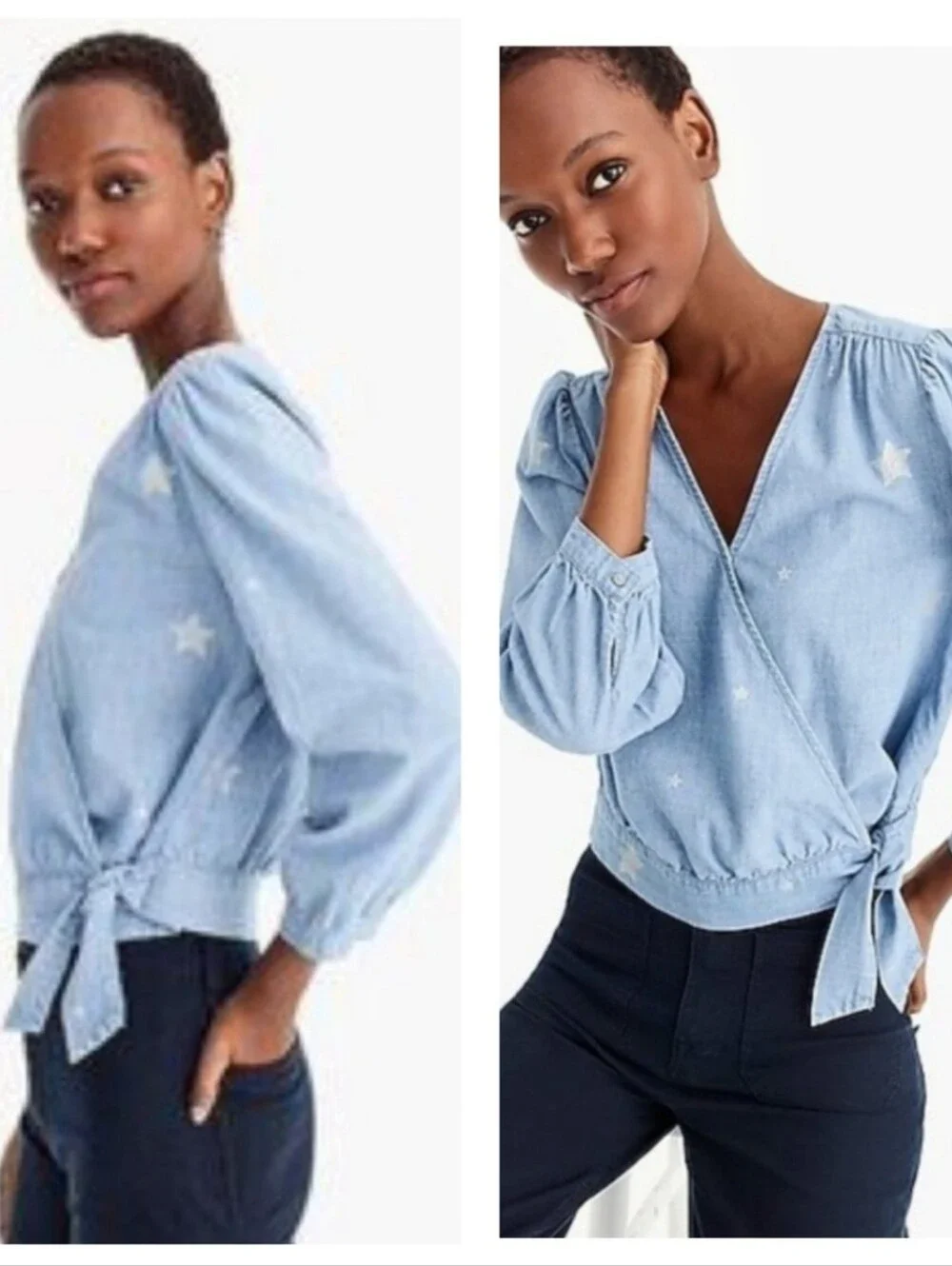 NWT J. Crew Denim Blue Chambray Wrap Blouse Indigo Star Print Women's XS NEW!